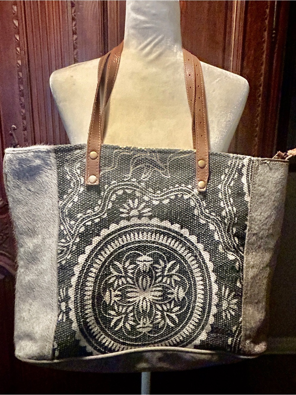 Myra Bag Gray and Brown Patterned Tote with Leather Straps